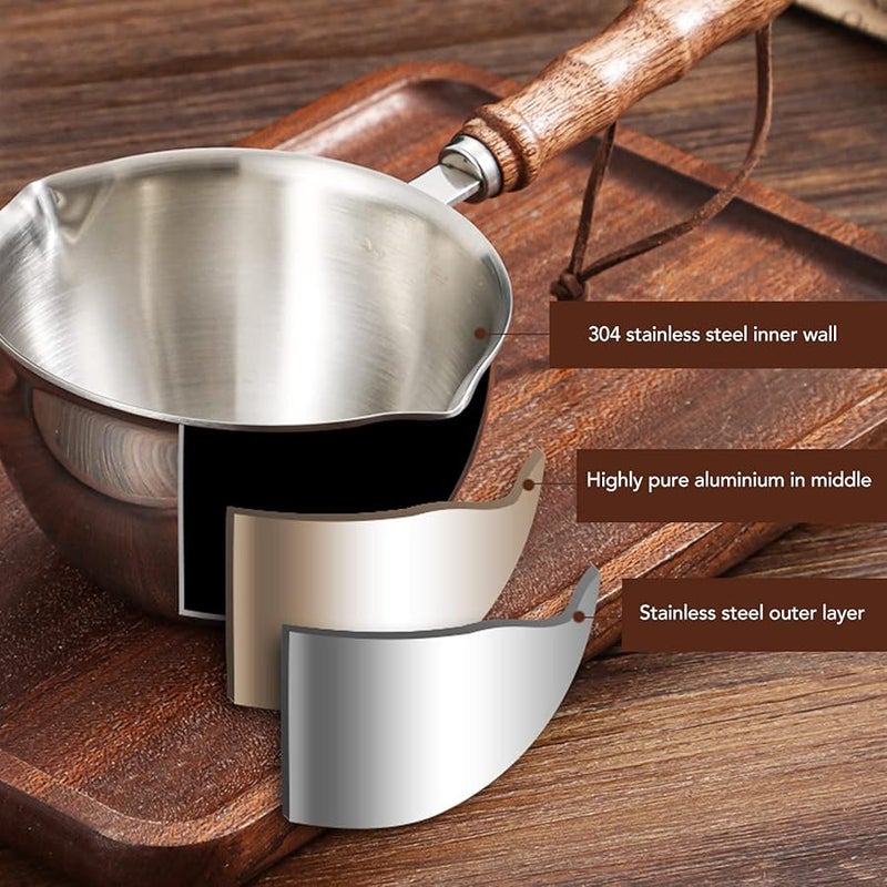 Mini Butter Warmer Pot 120ML Stainless Steel Dual Spout Wooden Handle Hanging Rope - Image 5